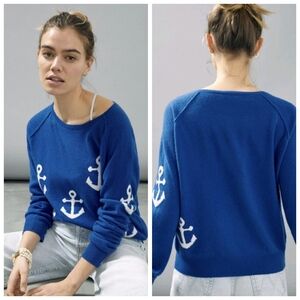 Brodie Fine Cashmere Blue Anchor Sweater 100% Cashmere Nautical Size S